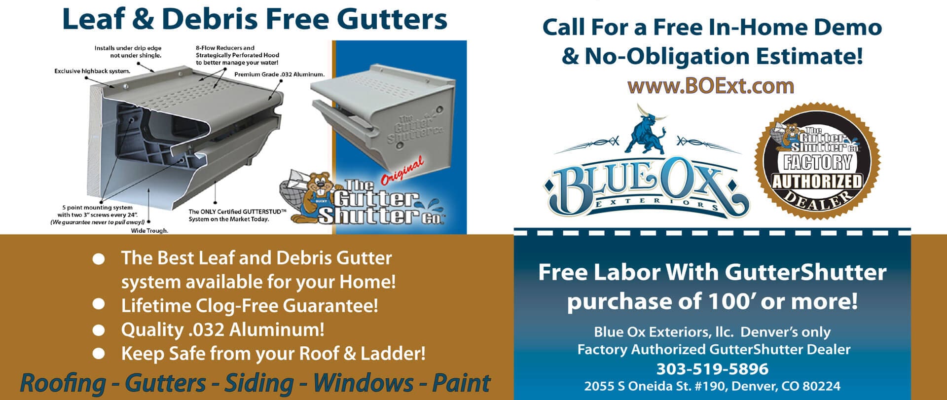 A flyer for the blue ox gutter company